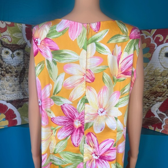 R&K Originals‎ Dress Women's 16W Sleeveless Yellow Pink Floral Tropical Cotton - Picture 7 of 9
